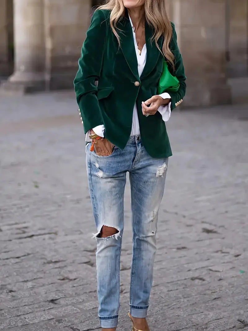 Julia | Women's Tailored Velvet Blazer with Lapel Collar, Hip-Length