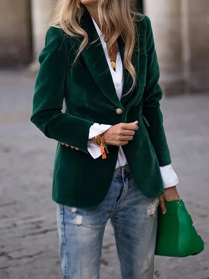 Julia | Women's Tailored Velvet Blazer with Lapel Collar, Hip-Length