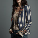 Bohemian Artisan Mixed-Print Striped Blazer