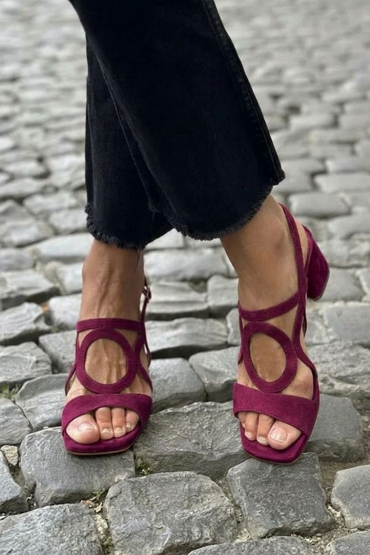 Zola | Suede Geometric Circular Cutout Block Heels Sandal