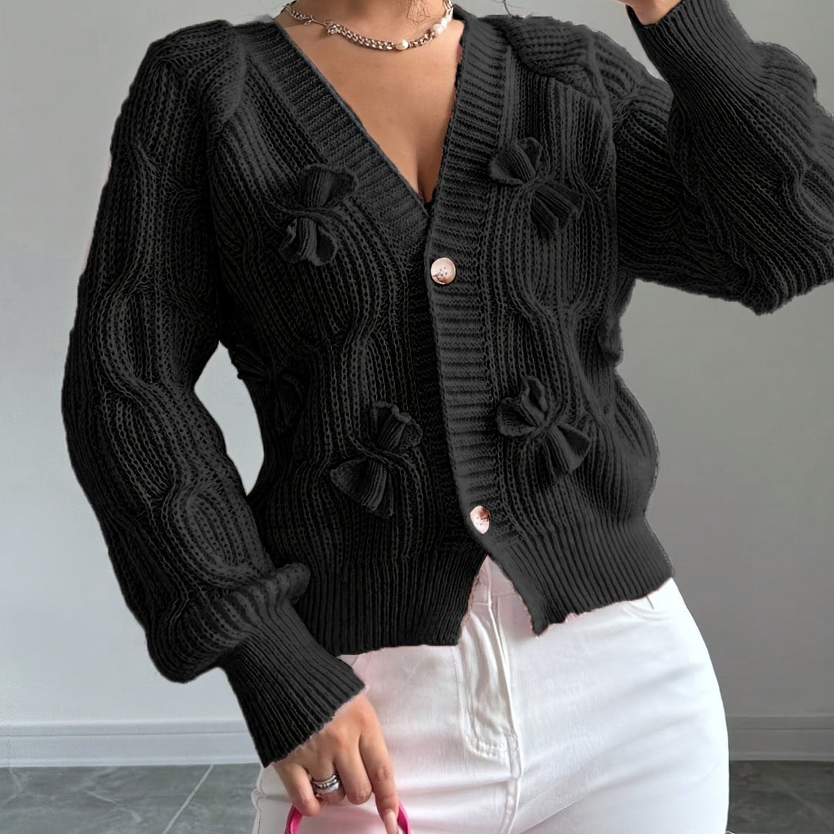 Elowen | Women's Bow Detail V Neck Knit Cardigan