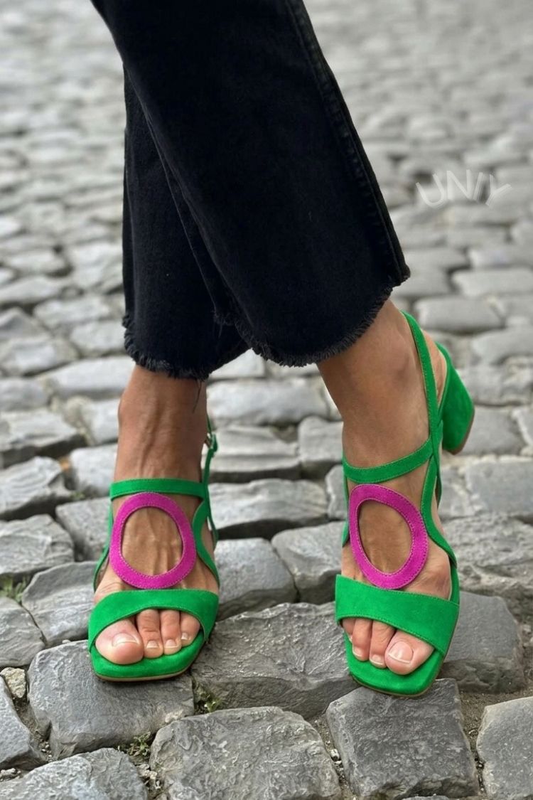Zola | Suede Geometric Circular Cutout Block Heels Sandal
