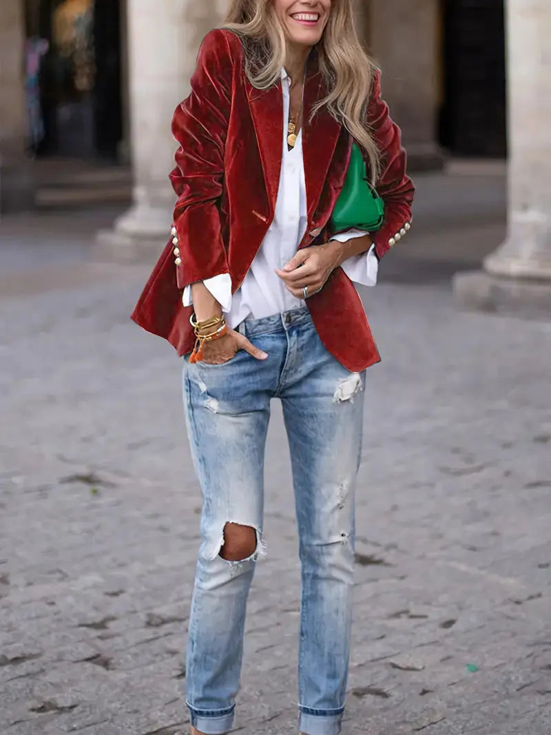 Julia | Women's Tailored Velvet Blazer with Lapel Collar, Hip-Length