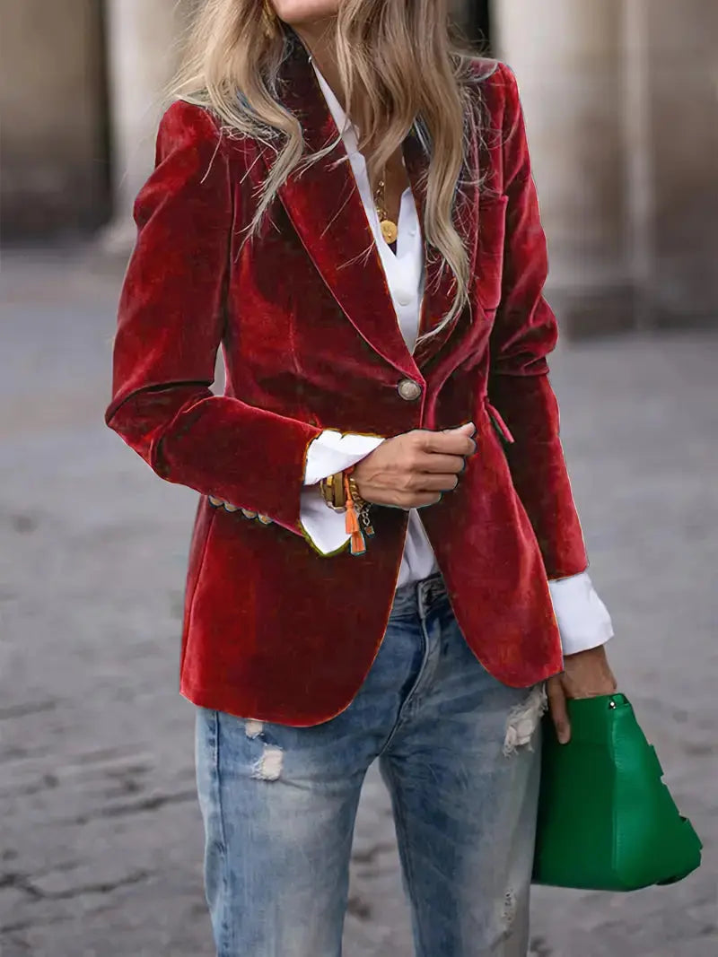 Julia | Women's Tailored Velvet Blazer with Lapel Collar, Hip-Length