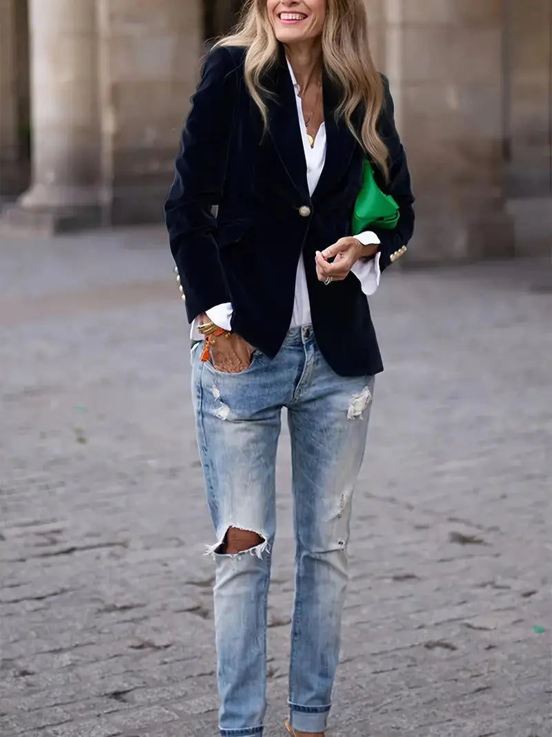 Julia | Women's Tailored Velvet Blazer with Lapel Collar, Hip-Length