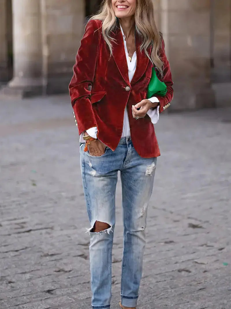 Julia | Women's Tailored Velvet Blazer with Lapel Collar, Hip-Length