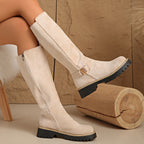 Adelle Lug Sole Knee High Boots – Napped Shaft Low Block Heel With Stitched Welt Trim And Ankle Buckle