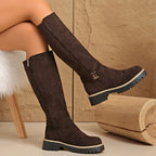 Adelle Lug Sole Knee High Boots – Napped Shaft Low Block Heel With Stitched Welt Trim And Ankle Buckle