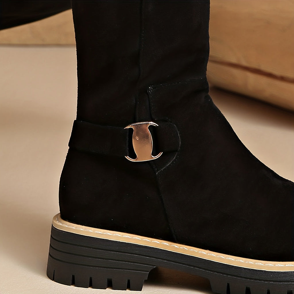Adelle Lug Sole Knee High Boots – Napped Shaft Low Block Heel With Stitched Welt Trim And Ankle Buckle