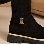 Adelle Lug Sole Knee High Boots – Napped Shaft Low Block Heel With Stitched Welt Trim And Ankle Buckle