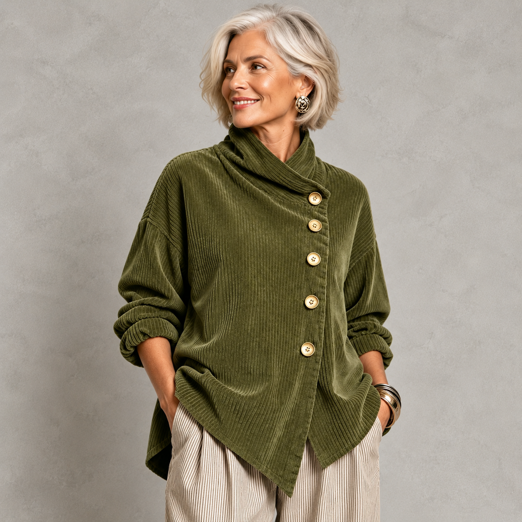 Chic High Funnel Neck Asymmetric Corduroy Top