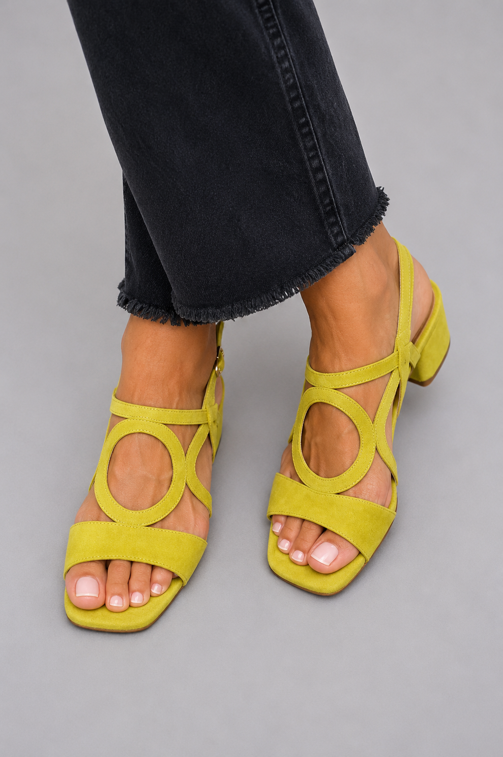 Zola | Suede Geometric Circular Cutout Block Heels Sandal