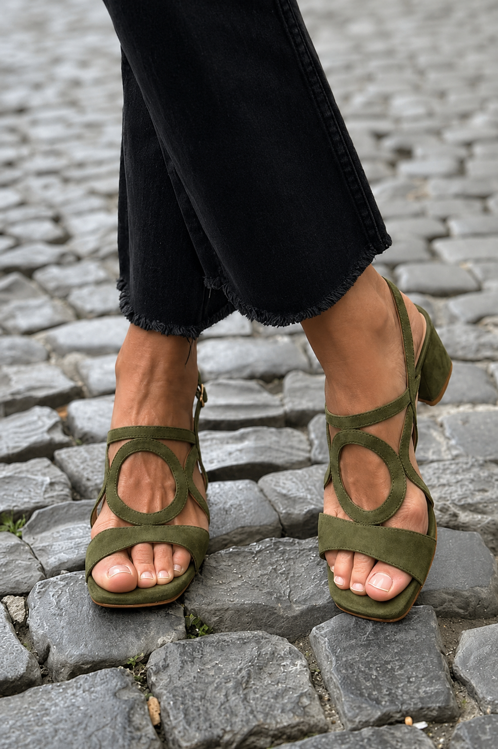 Zola | Suede Geometric Circular Cutout Block Heels Sandal