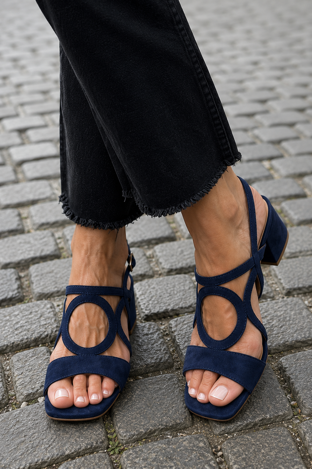 Zola | Suede Geometric Circular Cutout Block Heels Sandal
