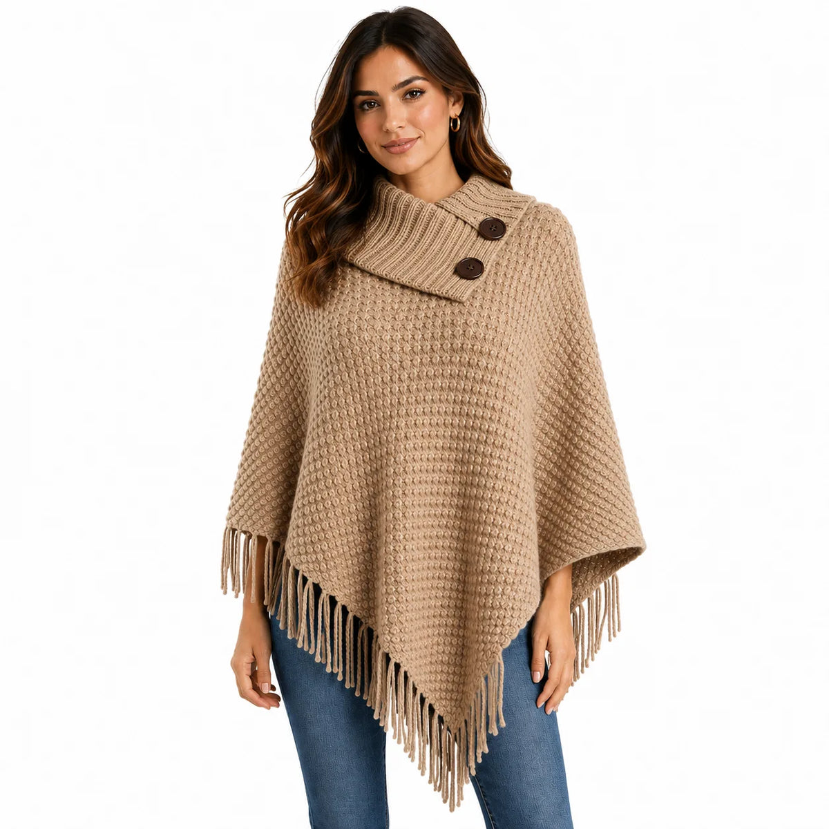 Women's Warm Poncho Sweater with Fringe & Button Collar
