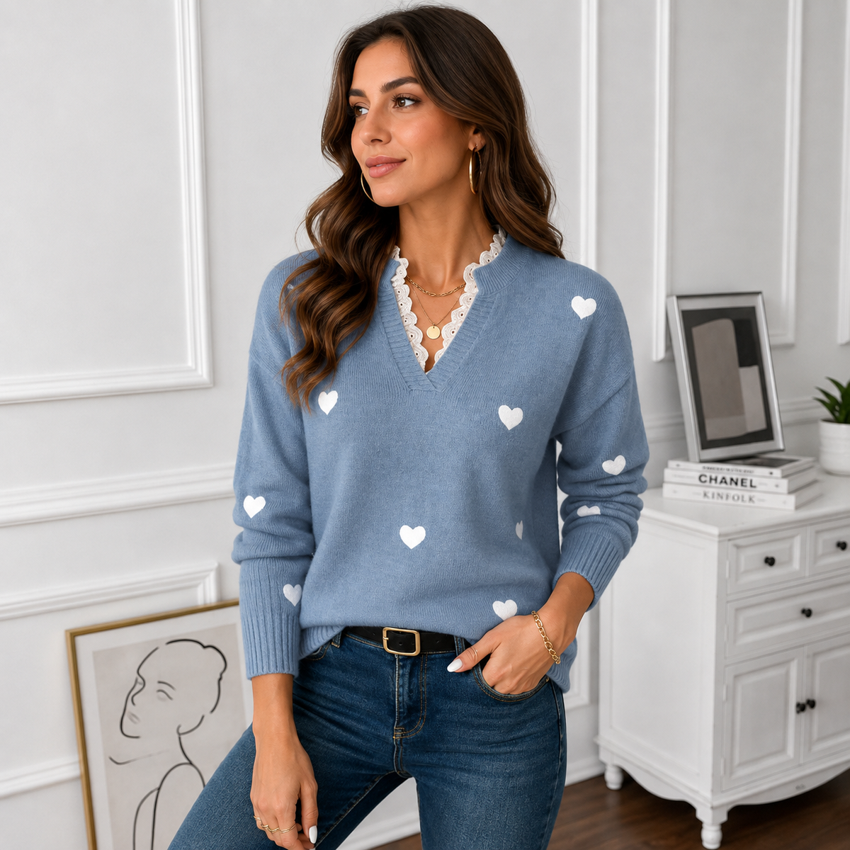Women's Heart Print V-Neck Sweater with Scalloped Lace Trim