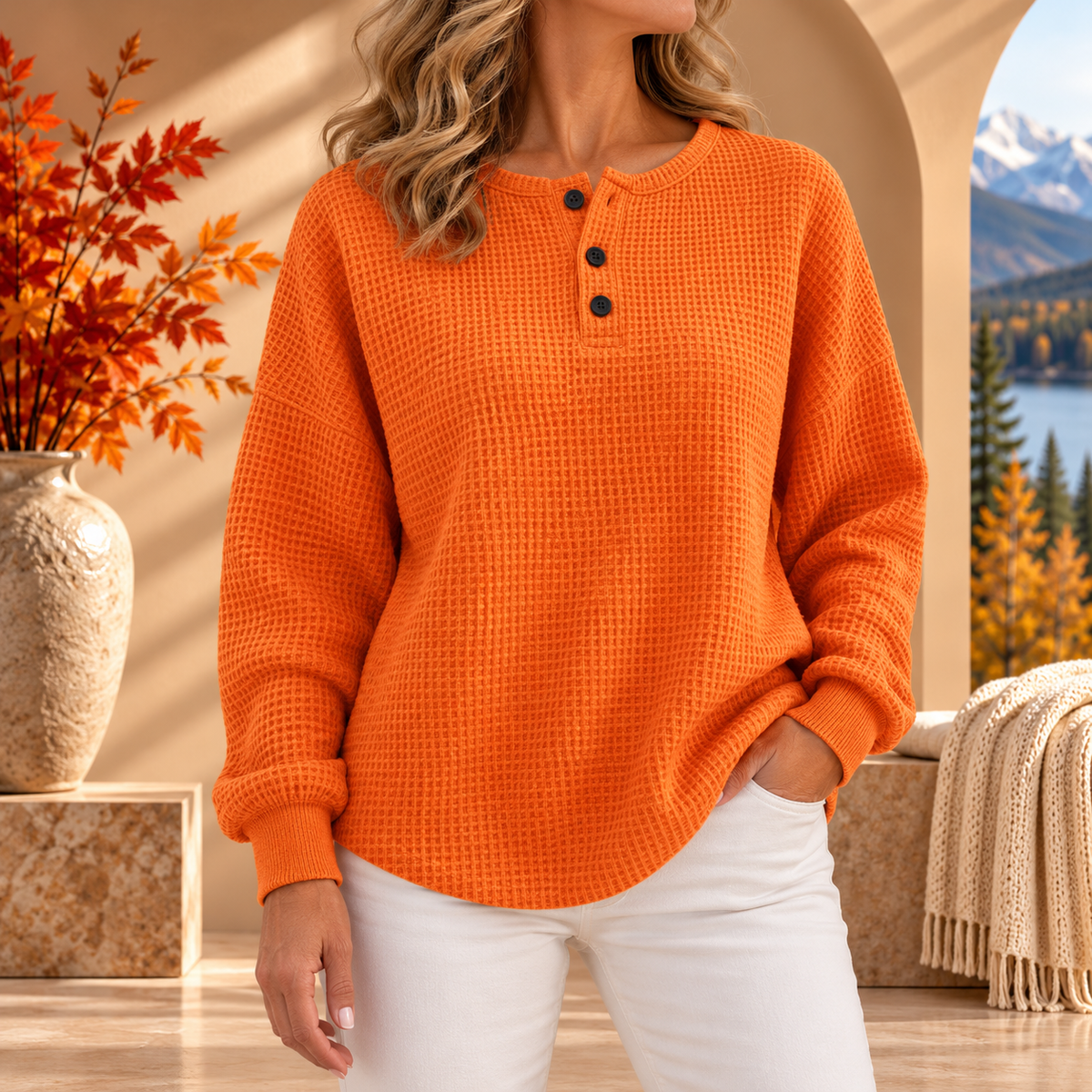 Mirabel™ | Cozy Waffle Henley Sweatshirt