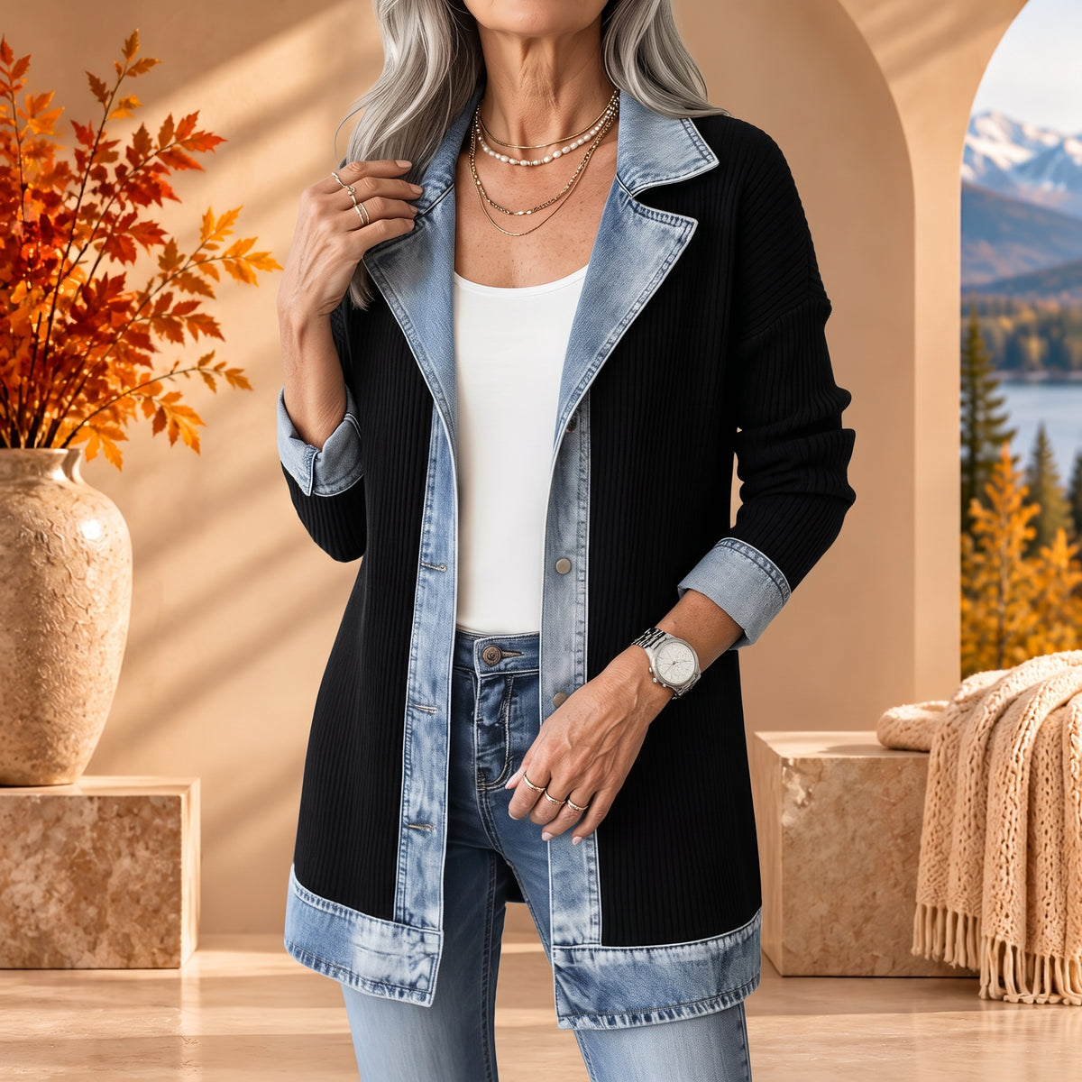 ELLIANA™ | Denim-Trim Longline Cardigan