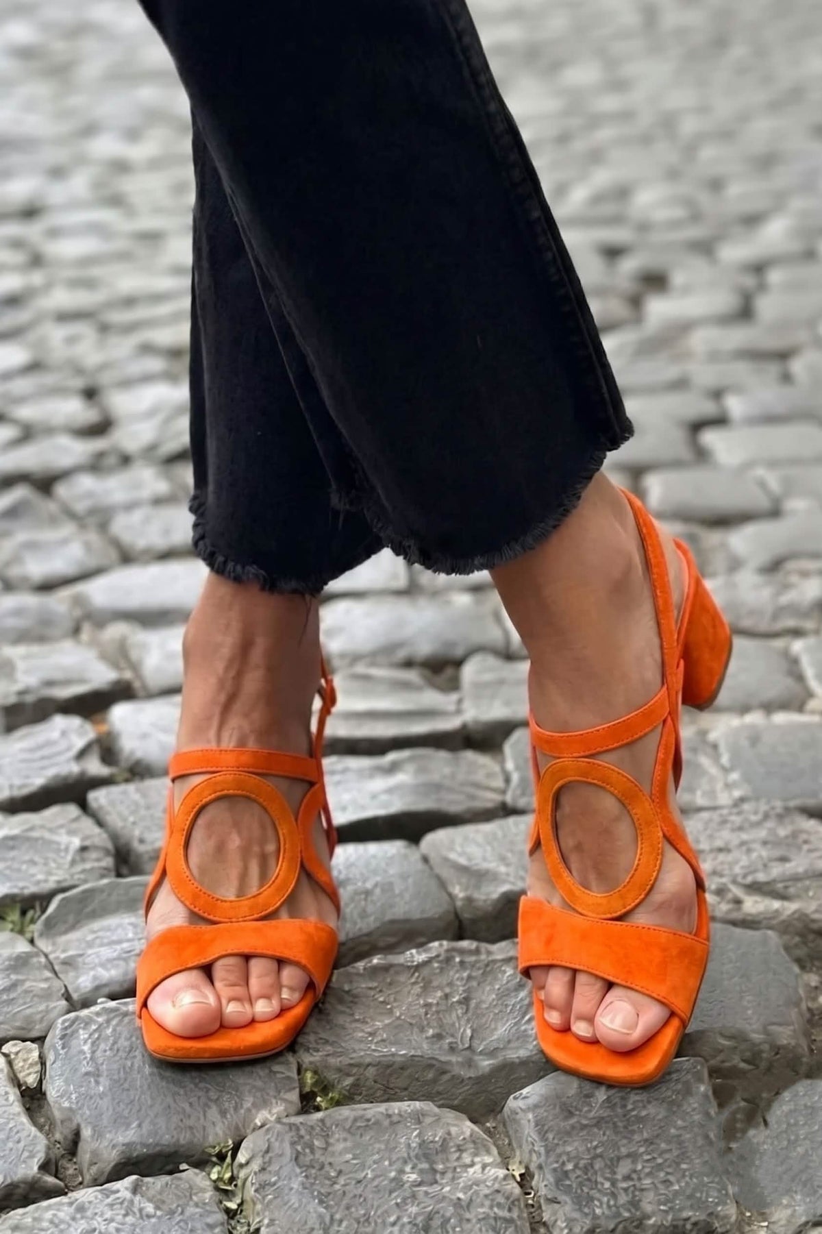 Zola | Suede Geometric Circular Cutout Block Heels Sandal