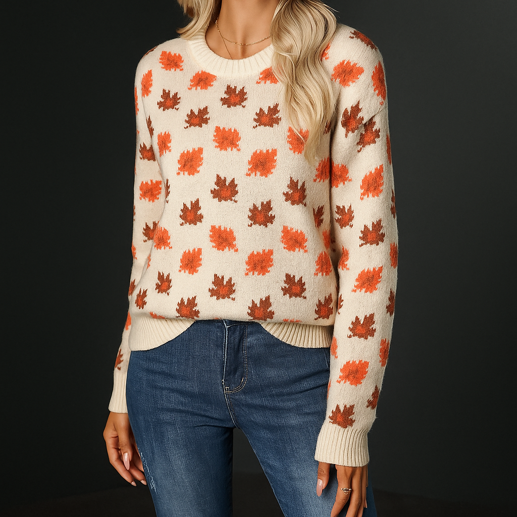 Grace | Maple-Leaf Brushed Knit Sweater, Crewneck Pullover
