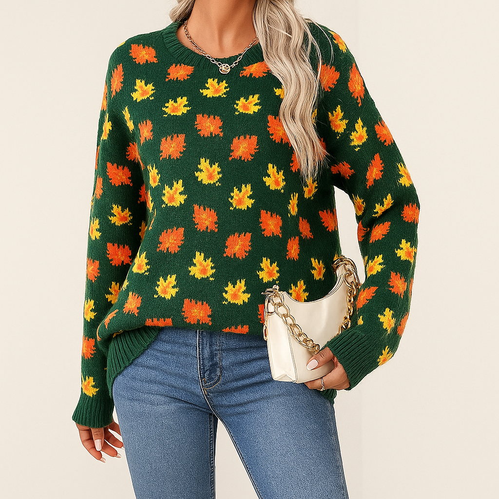 Grace | Maple-Leaf Brushed Knit Sweater, Crewneck Pullover