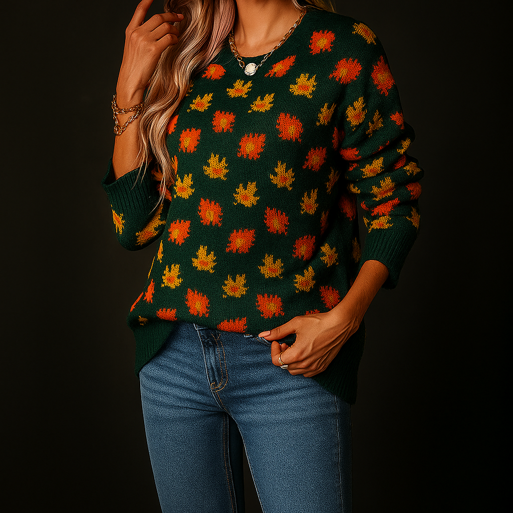 Grace | Maple-Leaf Brushed Knit Sweater, Crewneck Pullover