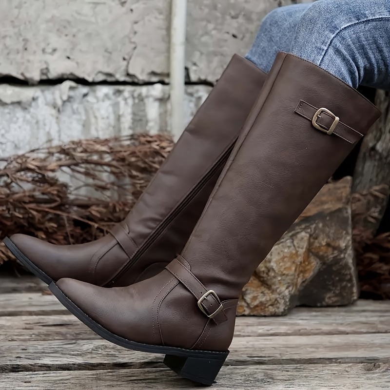 Marlowe Buckle Strap Knee High Boots – Structured Shaft Soft Point Toe Stacked Block Heel With Inside Zip