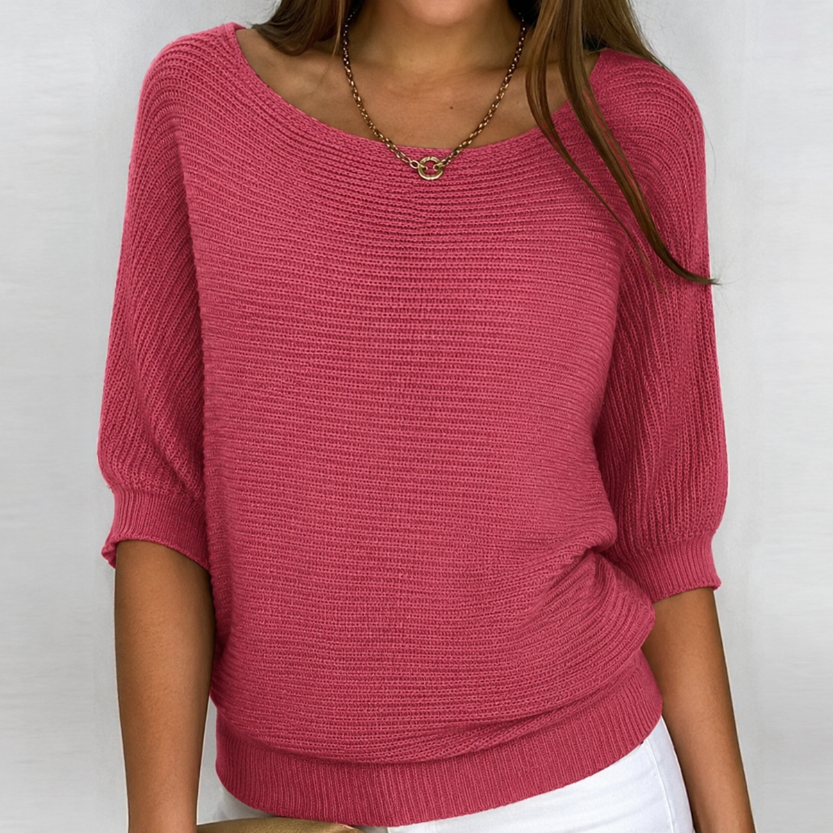 Cara | Boat-Neck Cotton-Blend Knit Sweater, Batwing Three-Quarter Sleeve