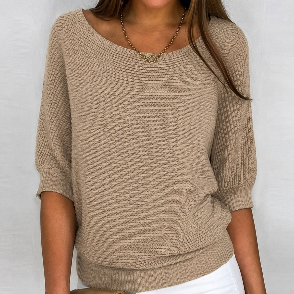 Cara | Boat-Neck Cotton-Blend Knit Sweater, Batwing Three-Quarter Sleeve