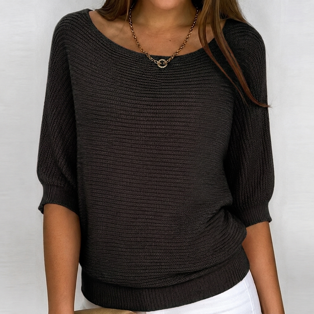 Cara | Boat-Neck Cotton-Blend Knit Sweater, Batwing Three-Quarter Sleeve