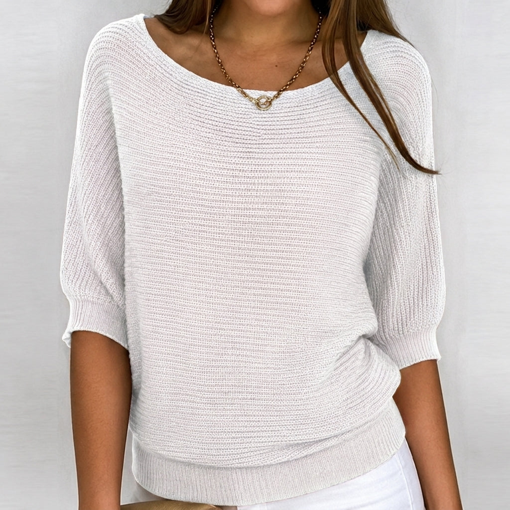 Cara | Boat-Neck Cotton-Blend Knit Sweater, Batwing Three-Quarter Sleeve