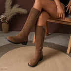 Rosalie Knee High Riding Boots – Low Block Heel Round Toe Brushed Finish With Twin Shaft Buttons