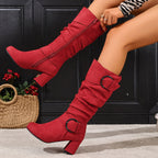 Sylvie Slouch Knee High Boots – Ruched Shaft Fold Over Cuff Tall Block Heel With Twin Ring Buckles