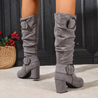 Sylvie Slouch Knee High Boots – Ruched Shaft Fold Over Cuff Tall Block Heel With Twin Ring Buckles