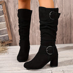Sylvie Slouch Knee High Boots – Ruched Shaft Fold Over Cuff Tall Block Heel With Twin Ring Buckles