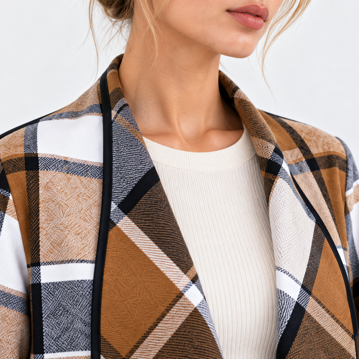 Yara Plaid Drape Collar Open Jacket