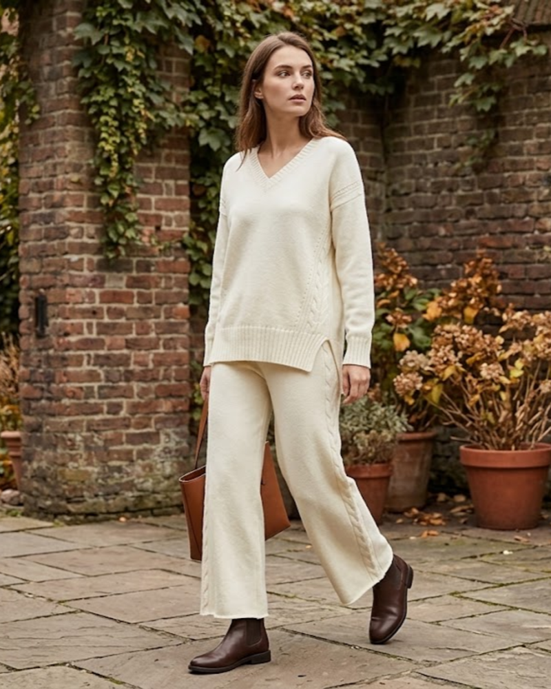 Zyvana Ensemble Maille Femme – Pull Col V Oversize & Pantalon Large Torsadé