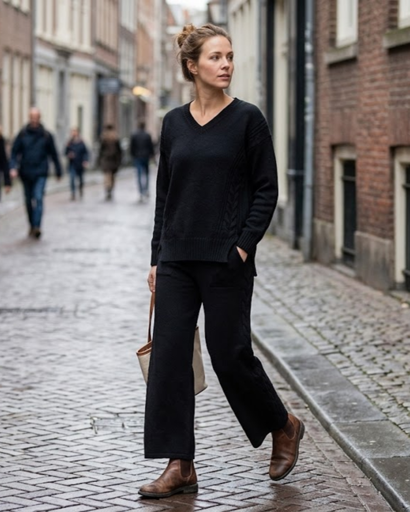 Zyvana Ensemble Maille Femme – Pull Col V Oversize & Pantalon Large Torsadé