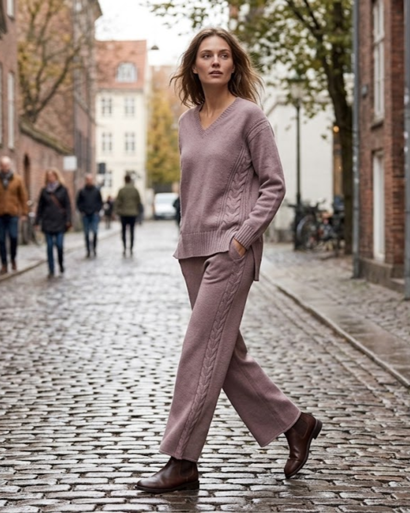 Zyvana Ensemble Maille Femme – Pull Col V Oversize & Pantalon Large Torsadé