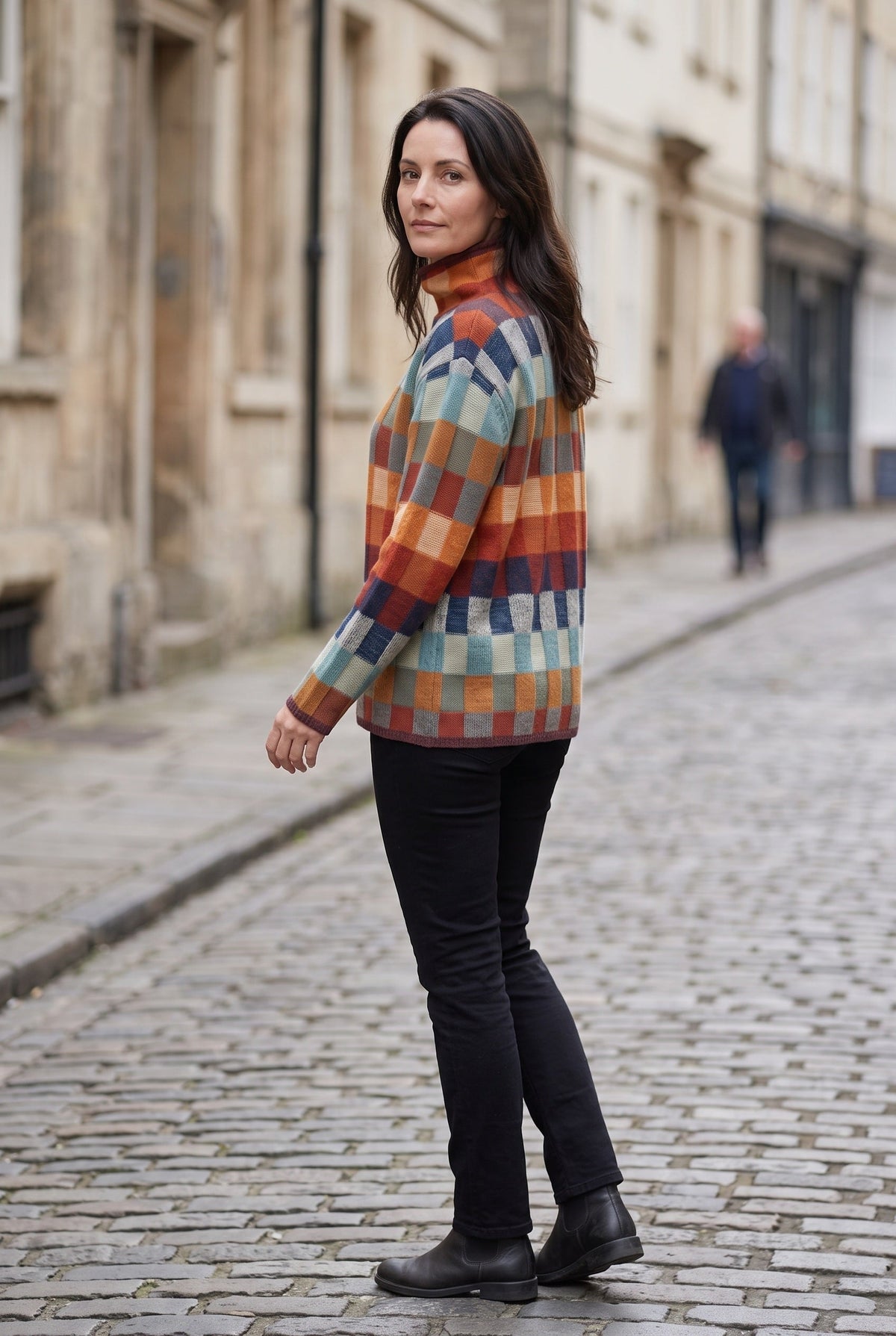 Women's Knitted Jumper | Roll Neck Multicolour Check