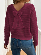 Roselle | Women's V Neck Bow Detail Knit Sweater
