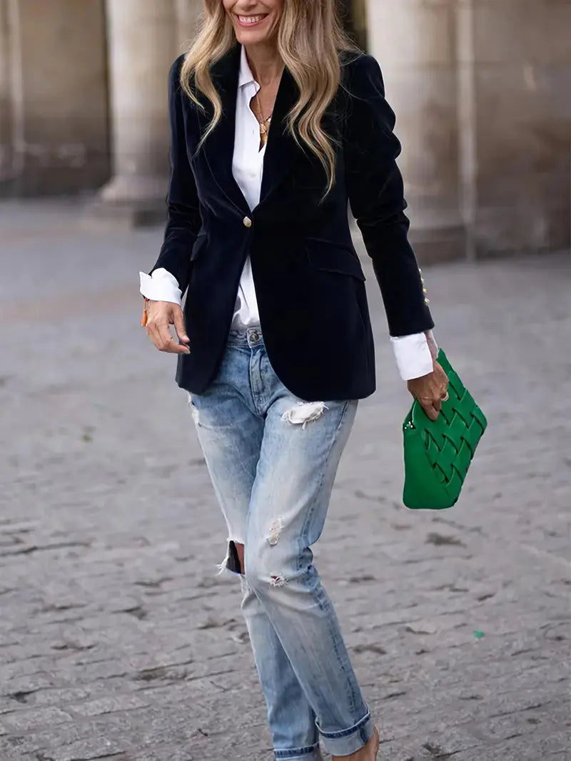 Julia | Women's Tailored Velvet Blazer with Lapel Collar, Hip-Length