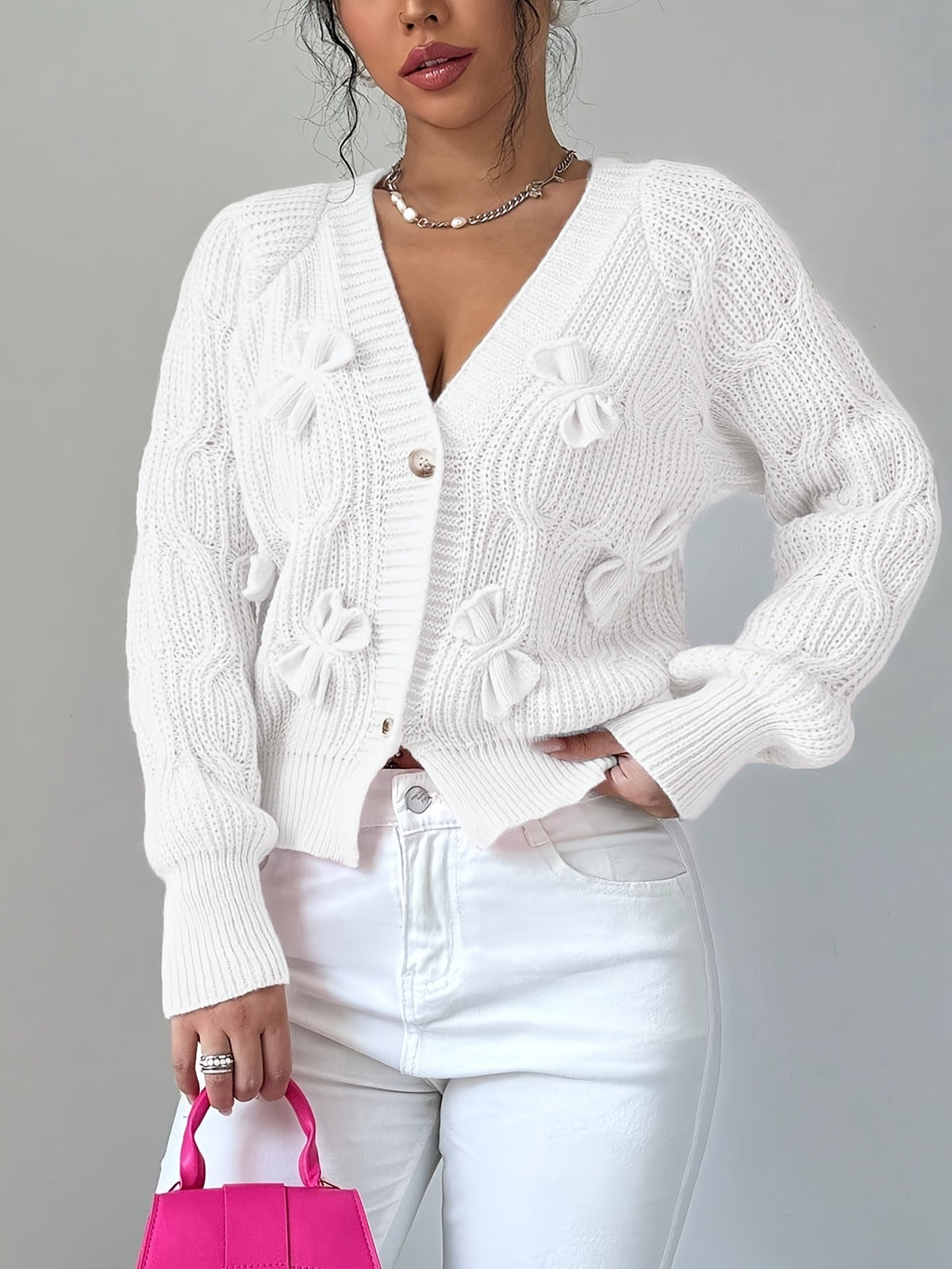 Elowen | Women's Bow Detail V Neck Knit Cardigan