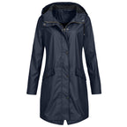Effortless Hooded Rain Coat for Women with Stand Collar Long Sleeve Zip Front Mid Length Style