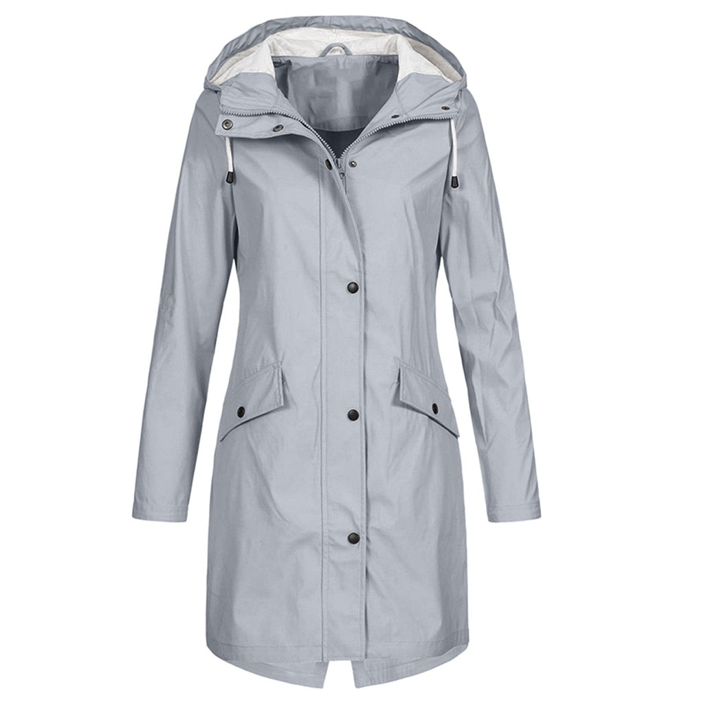 Effortless Hooded Rain Coat for Women with Stand Collar Long Sleeve Zip Front Mid Length Style