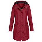 Effortless Hooded Rain Coat for Women with Stand Collar Long Sleeve Zip Front Mid Length Style