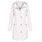 Effortless Hooded Rain Coat for Women with Stand Collar Long Sleeve Zip Front Mid Length Style