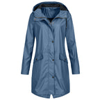 Effortless Hooded Rain Coat for Women with Stand Collar Long Sleeve Zip Front Mid Length Style