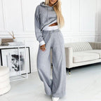 Effortless Cropped Hoodie Two Piece Set for Women with Drawstring Wide Leg Relaxed Casual Style