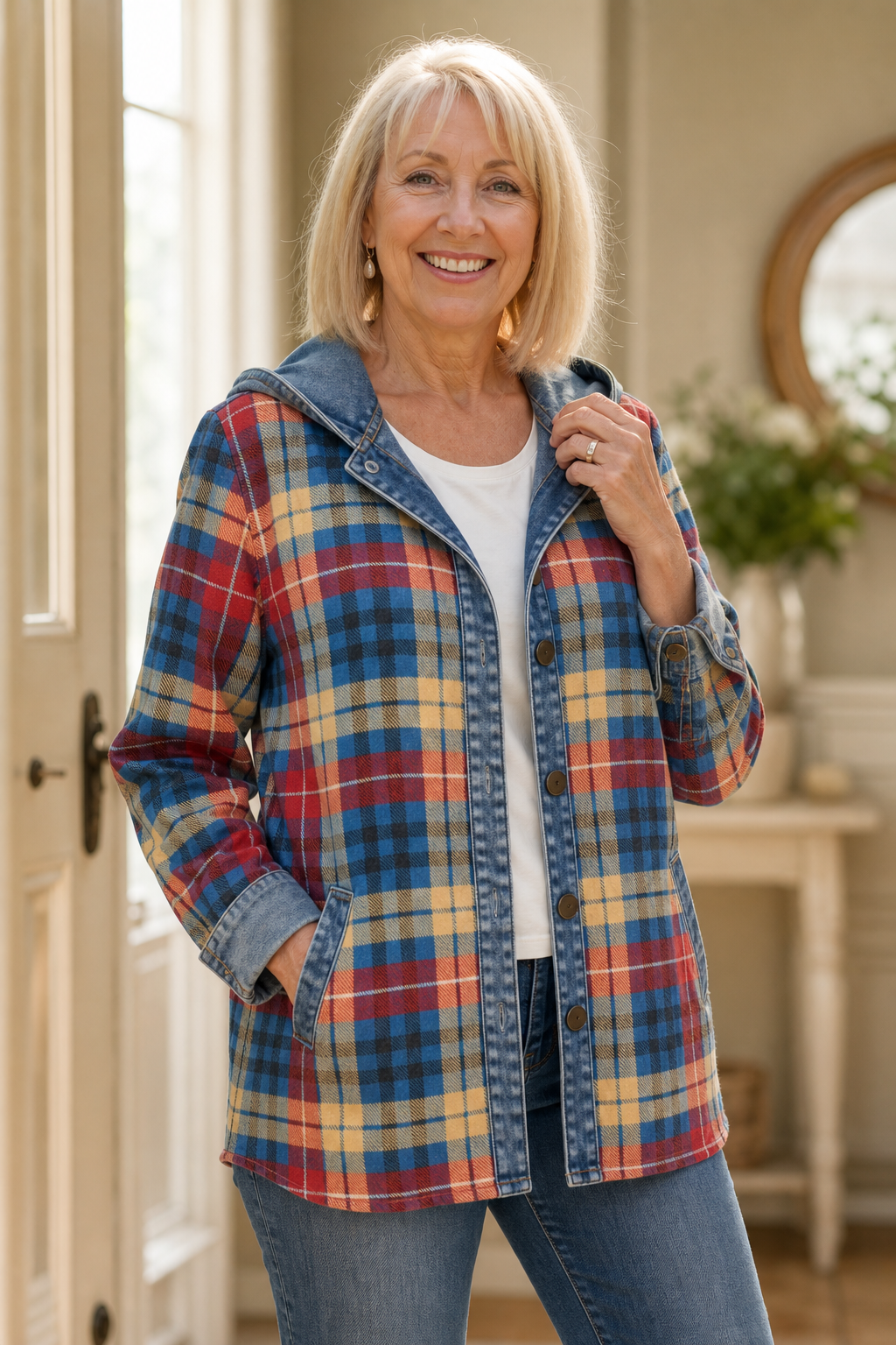 Aurelia Hooded Plaid Denim Trim Shacket